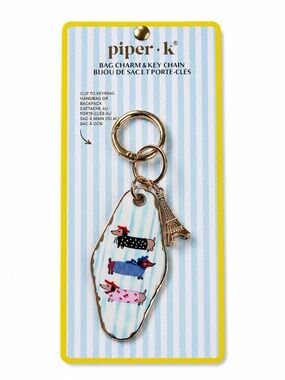 Piper Dachshund Bag Charm Keychain in Light Blue Stripe with Gold Accents